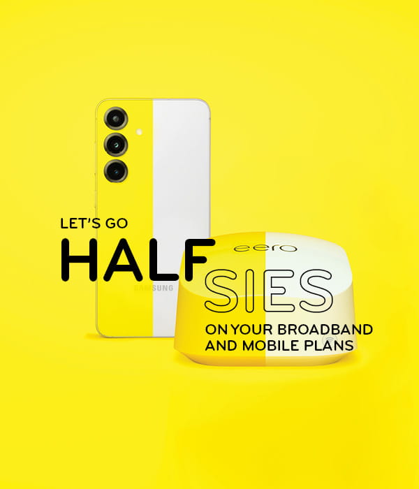 Text on a yellow background with a half yellow and half white mobile phone and eero router 