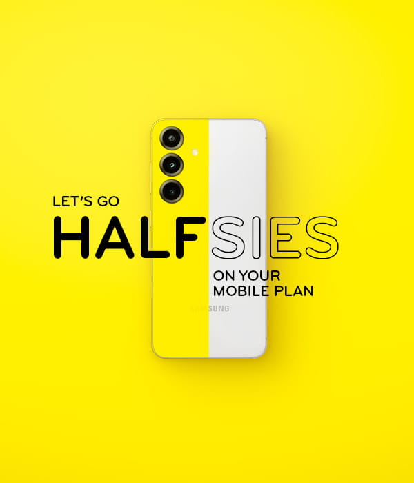 Text on a yellow background with a half yellow and half white mobile phone a 