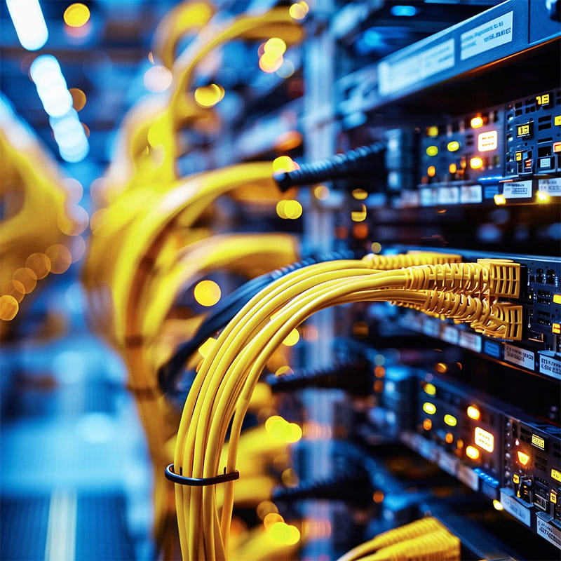 Close up of yellow ethernet cables in network server room