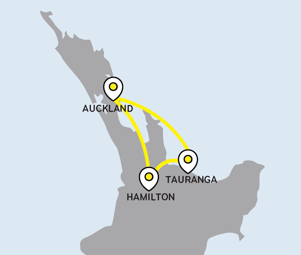 New Zealand map with connection points between Auckland Hamilton and Tauranga. 