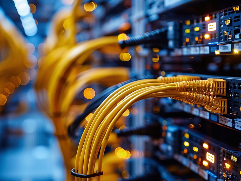 Yellow cords in a data rack.