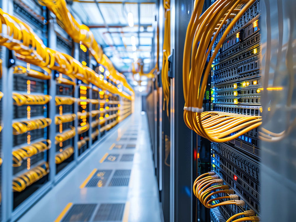 Yellow cords in a data centre.
