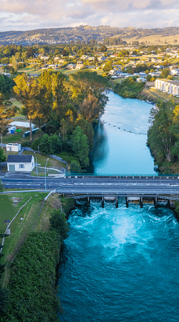 An aerial image of the Taupo control gates