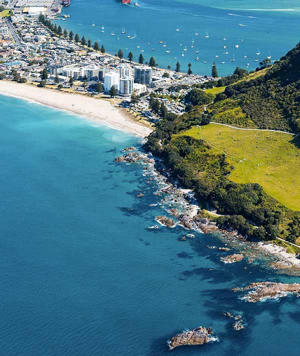 Aerial view of Tauranga, showing the mount and beaches.