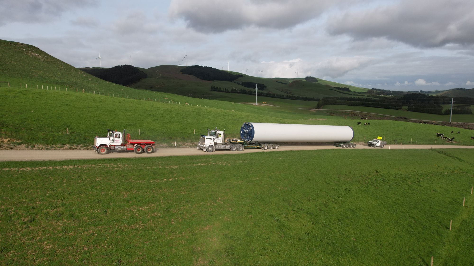 trucks delivering component of wind turbine tower to kaiwera downs stage 2 site