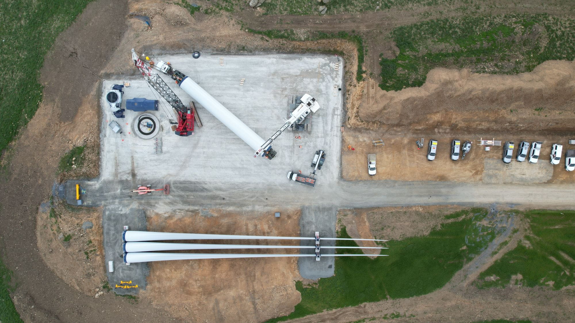 Birds-eye view of first set of turbine blades and tower section for stage two of Kaiwera Downs