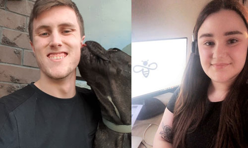 Two selfies. One of a guy smiling and a dog licking him. The other of a women sitting in front of home office desk and smiling.