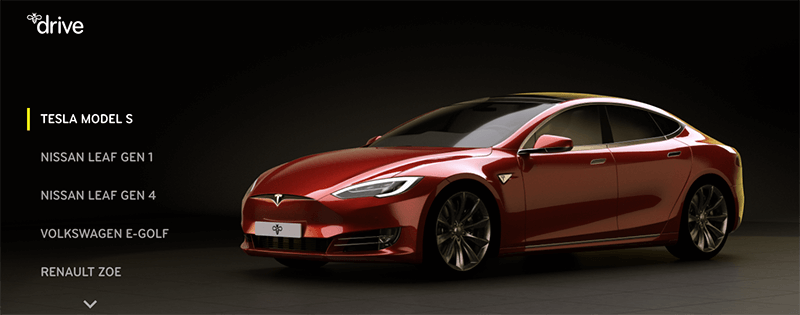 Stylised image of a red Tesla Model 5, against a black background.