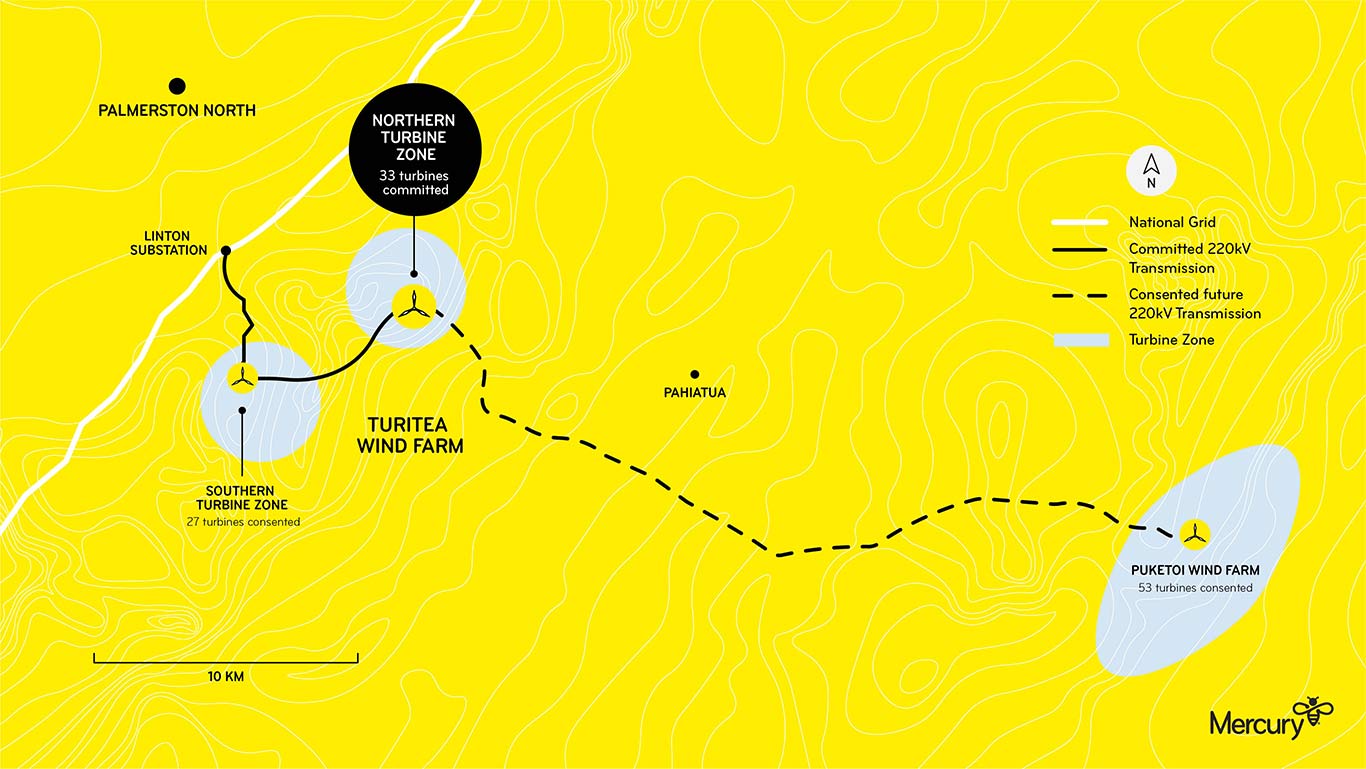 Yellow diagram showing planned layout of Turitea wind farm.