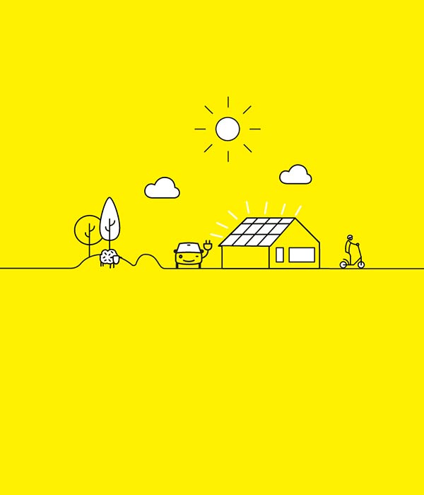 Illustration of houses with solar panels, against a yellow background.