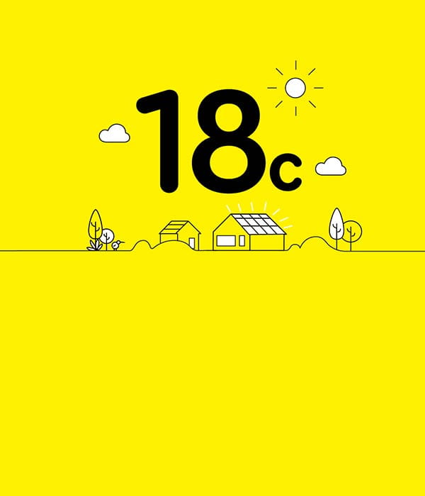 Illustration of houses with solar panels, against a yellow background and a large '18c' above.