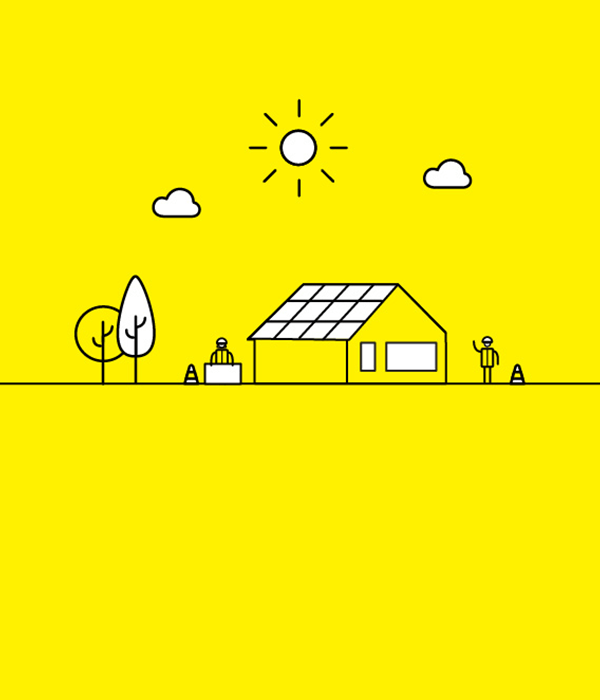Illustration on a yellow background, of a house with solar panels and people in safety vests, with traffic cones.